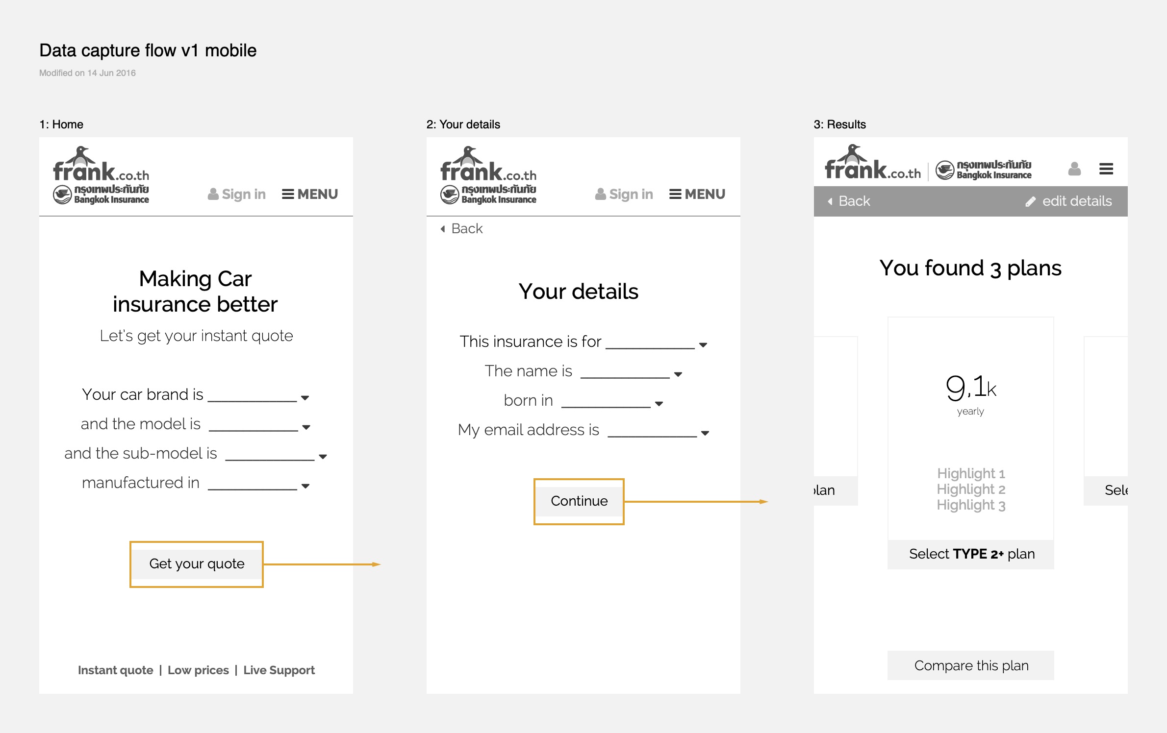 Data capture flow v1 mobile wireframes.
